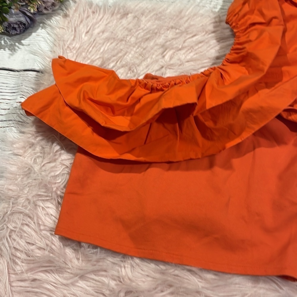 One-Shoulder Ruffle Crop Top - Orange - Picture 6 of 9